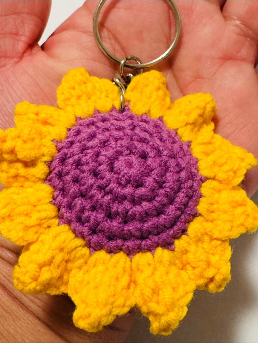 Handmade Yellow Sunflower Keychain with Purple Center - Picture 4 of 7